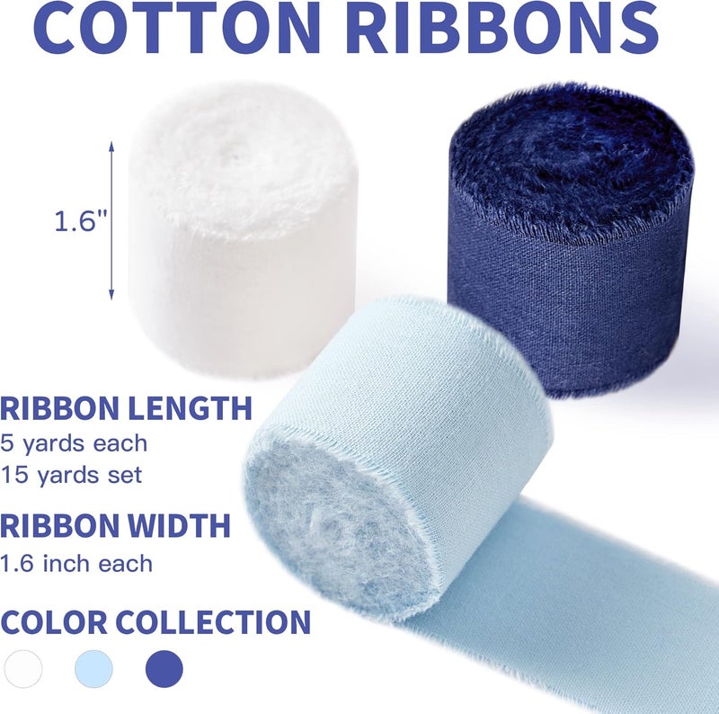 Keypan Navy Blue White Ribbon 1-1/2 x 15 Yards Handmade Cotton Frayed Fringe Fabric Ribbons for Crafts Flower Bouquets Wedding Baby Shower Home DIY Decor - Image 2